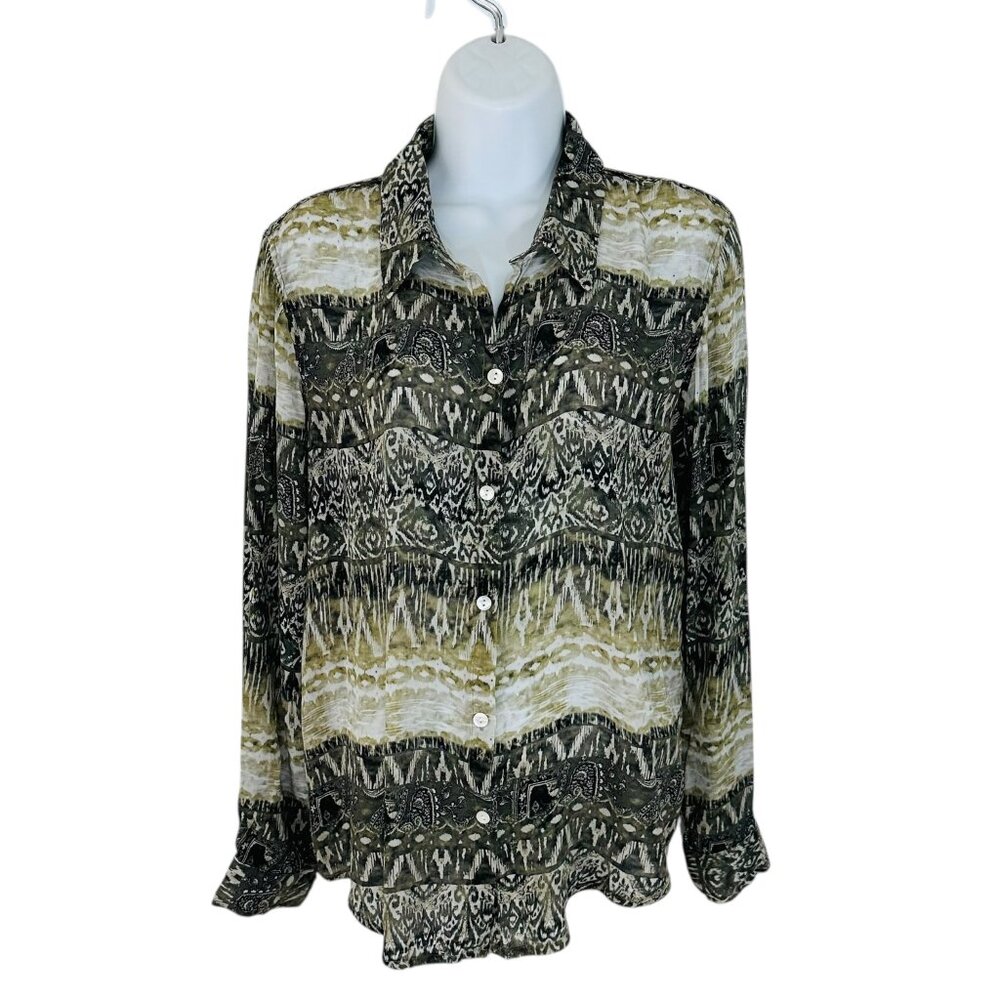 APNY Women's Size L Abstract Print Artsy Roll Tab Sleeves Black Green Blouse